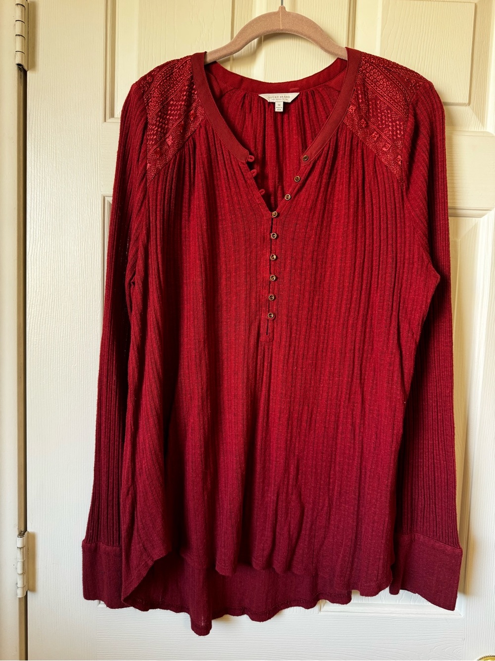 3/$15.  Lucky Brand Deep Red Long-Sleeve Henley with embroidery